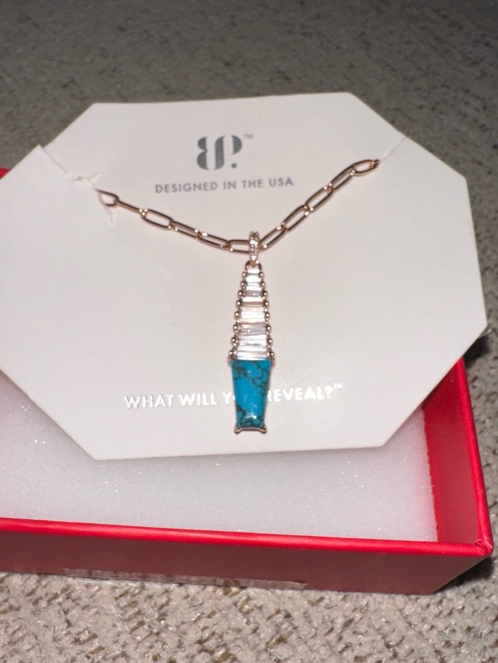 bp Rose Gold Necklace with Turquoise Teardrop Pendant